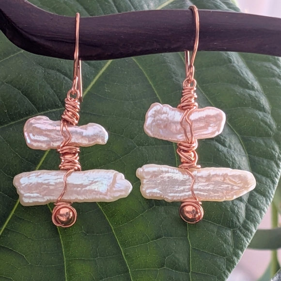 Biwa Pearl Earrings Artisan Copper Wrap Lightweight Coastal Style - Picture 3 of 14